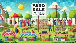 A vibrant yard sale setup with tables displaying items like clothes, books, and small furniture, set outdoors on a sunny day with green grass and a clear blue sky. Cheerful people are browsing the items, and a bold 'Yard Sale' sign is prominently visible.