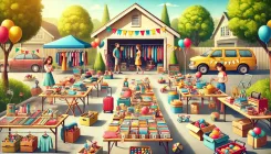 A vibrant image of a cheerful garage sale with neatly organized items.