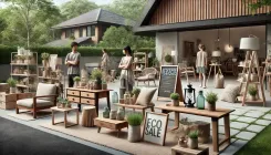 A modern garage sale with upcycled furniture and eco-friendly items prominently displayed.