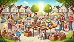 A cheerful neighborhood yard sale scene with tables filled with books, vintage items, and home decor. Shoppers are browsing under a sunny sky.