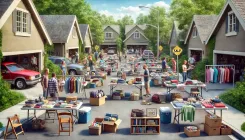 A bustling neighborhood garage sale with tables of items, cheerful people browsing, and signs pointing to the sale.