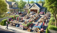 A well-organized garage sale with tables displaying items, bright signs, and people browsing.