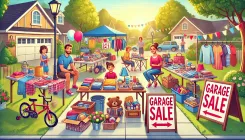 A cheerful, well-organized garage sale featuring tables of items, colorful signs, and a family happily engaging with customers.